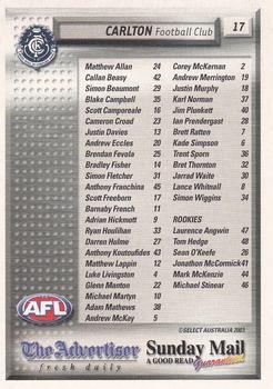 2003 Select The Advertiser-Sunday Mail AFL #17 Carlton Blues Back